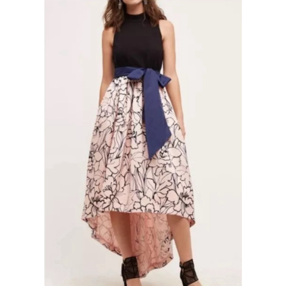 Moulinette Soeurs Dress Sumi Hi Low Black Pink Waist Tie Bow Anthropologie Siz 4